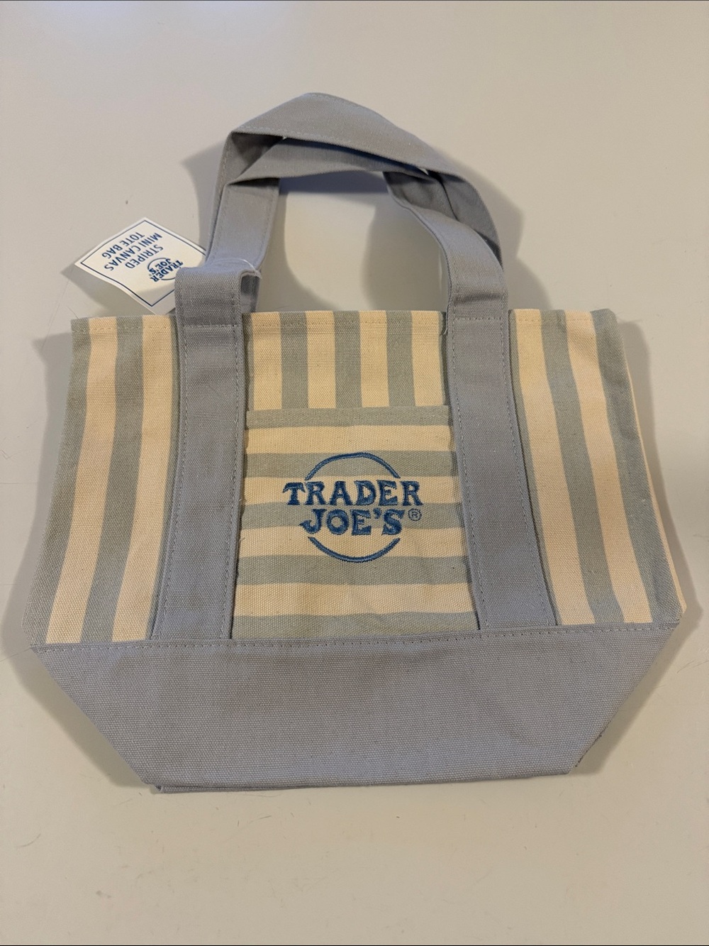 Trader Joe’s Striped Mini Canvas Tote Bag Blue & Cream NWT Reusable Grocery Bag - Picture 2 of 8